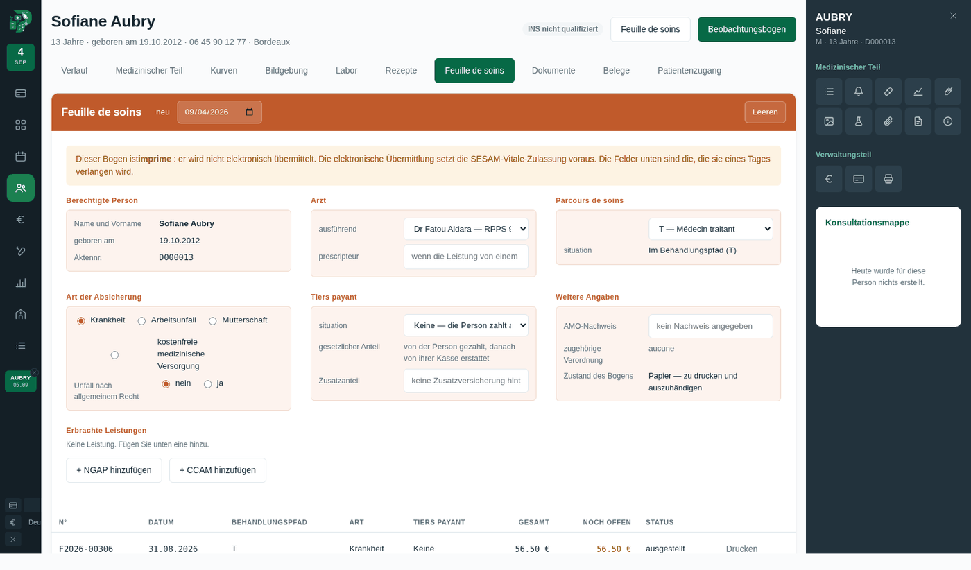 Der Abrechnungsbeleg — Leistungen zum Tarif der Praxis, Behandlungspfad, Direktabrechnung.