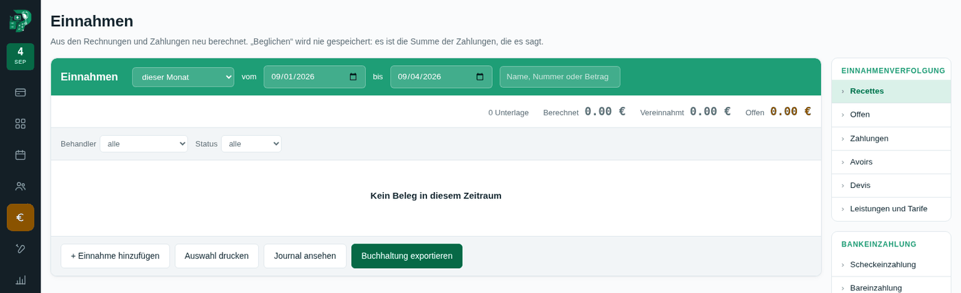 Die Einnahmen — das Register, die offenen Posten und der Anteil jedes Arztes.