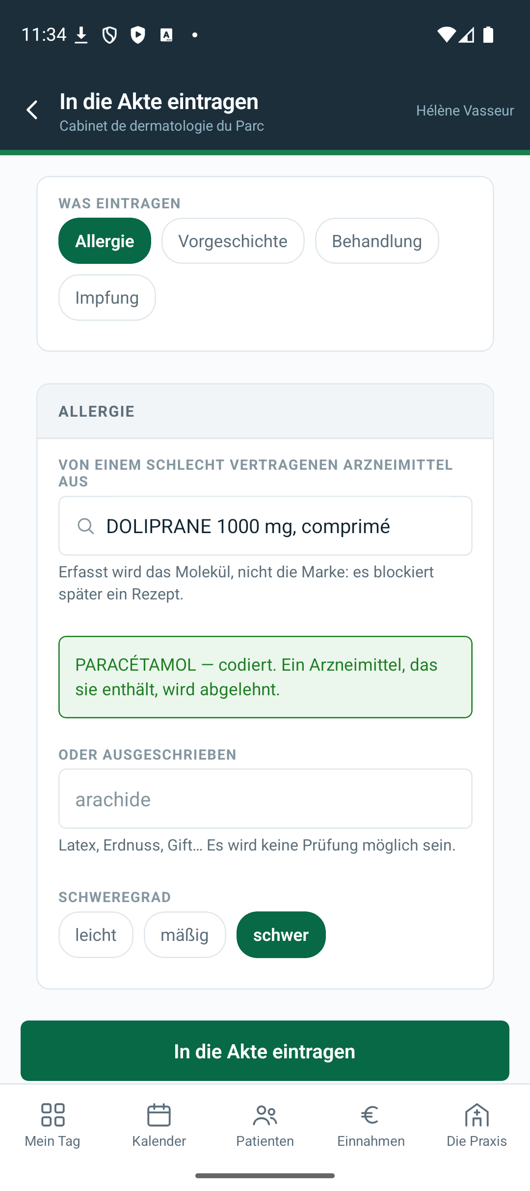 Am Telefon — eine Allergie eintragen: sie wird mit dem Code ihres Wirkstoffs erfasst.