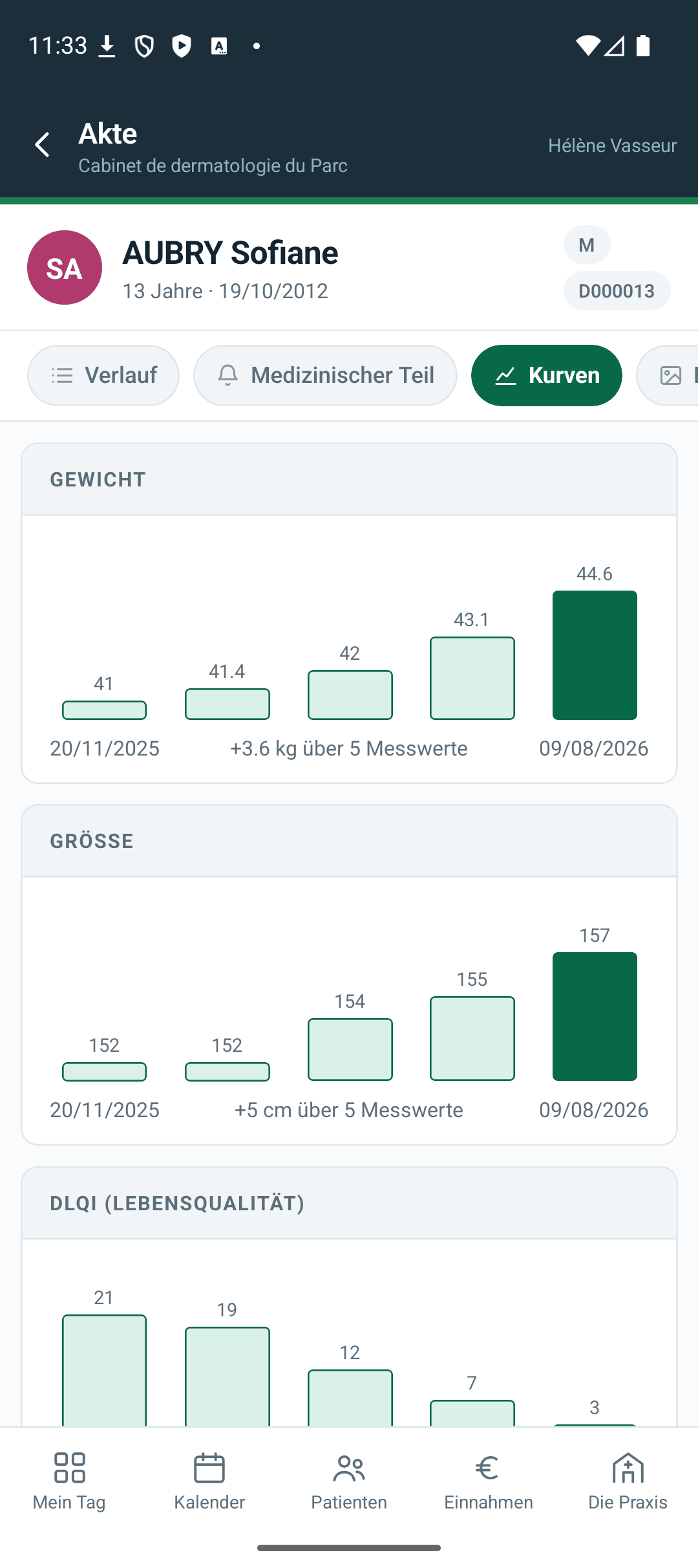 Am Telefon — die Kurven: Gewicht und Größe eines Jugendlichen über neun Monate.