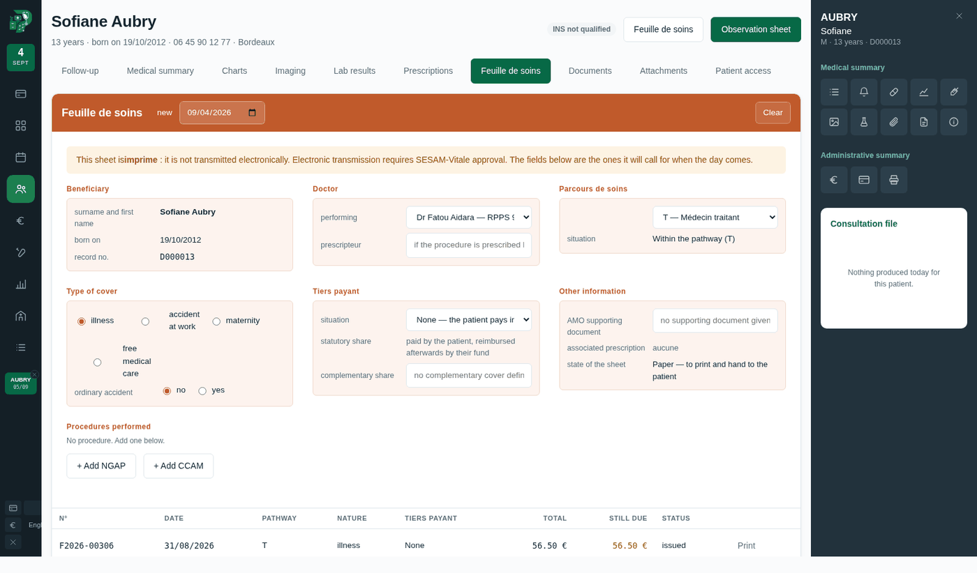 The care claim — procedures at the practice’s rates, the care pathway, direct billing.