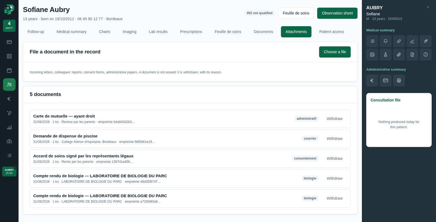 Incoming documents — signed consent forms, reports, certificates, insurance cards.