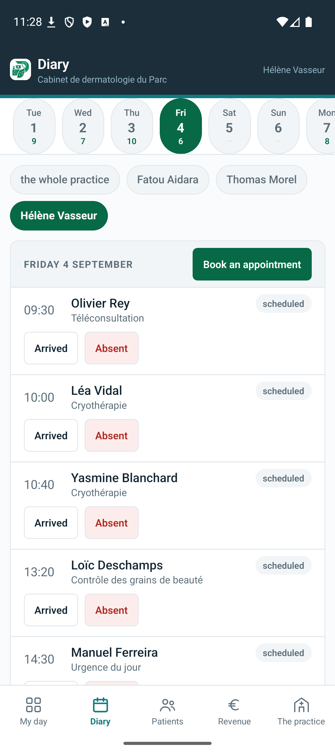 On the phone — the diary: no week grid, a load figure under each day.