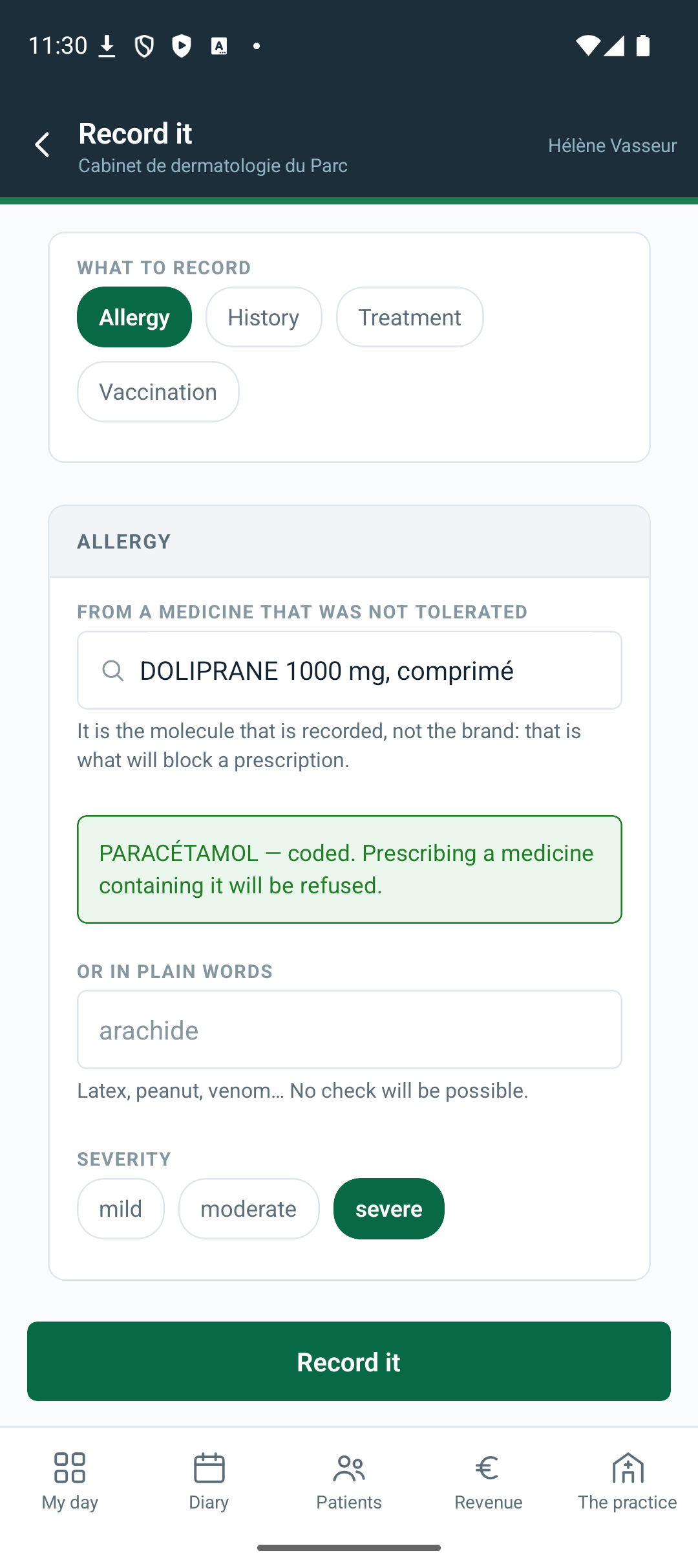 On the phone — recording an allergy: it is recorded with the code of its substance.