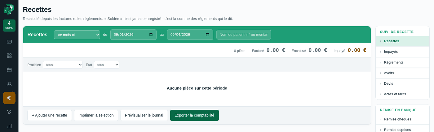 Les recettes — Le registre, les impayés, et la part de chaque médecin — ce qu'un cabi