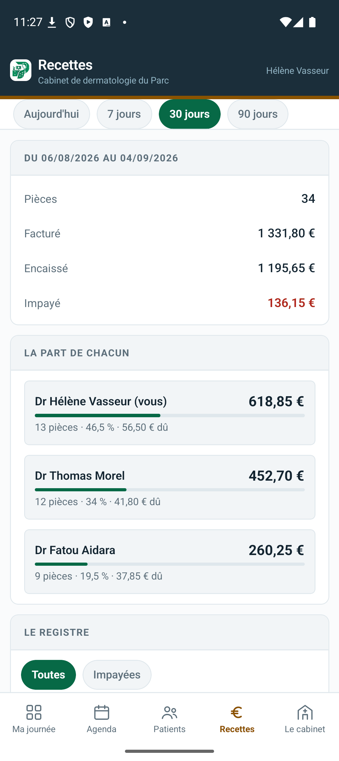 Au téléphone — les recettes — Le registre, les impayés, et la part de chaque médecin. Un cabinet de 